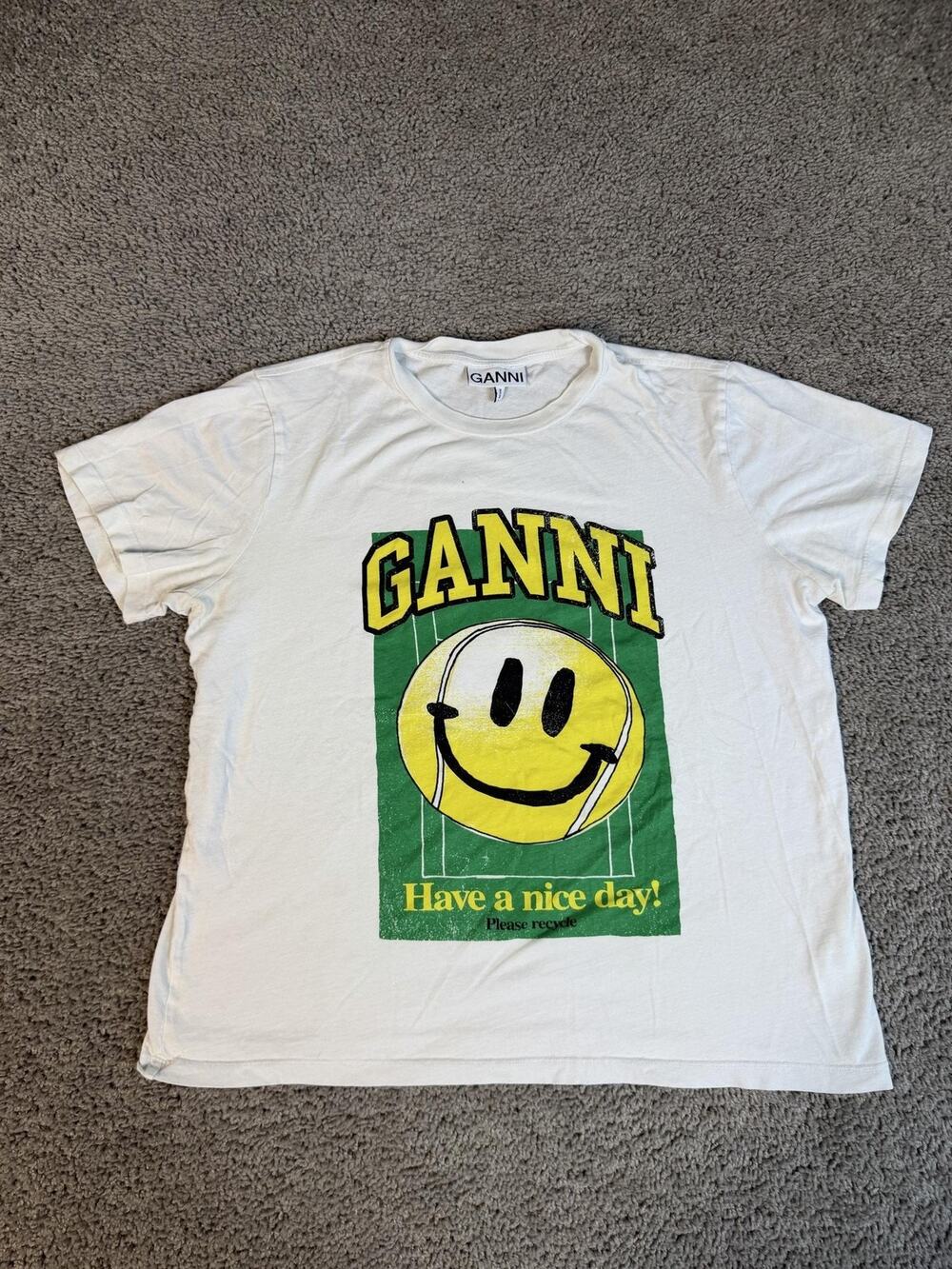 GANNI Shirt Mens S White Smiley Face Graphic Crew Neck Cotton Relaxed Fit